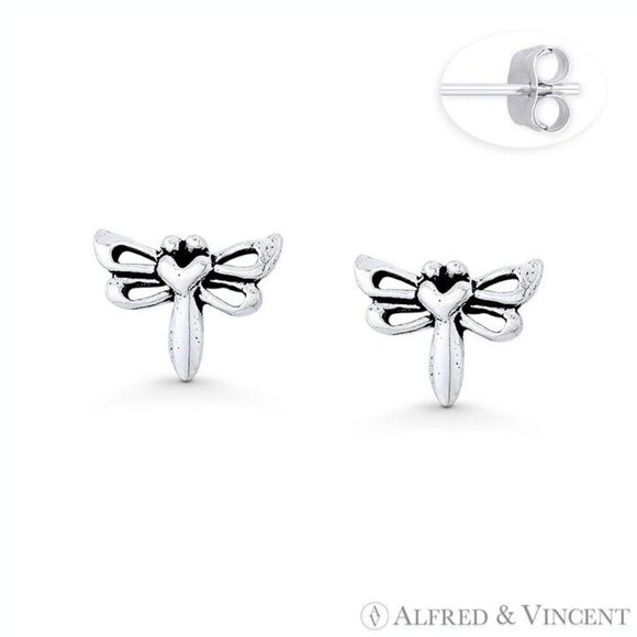 Dragonfly Insect Luck Charm Stud Earrings in Oxidized .925 Sterling Silver - Picture 1 of 1